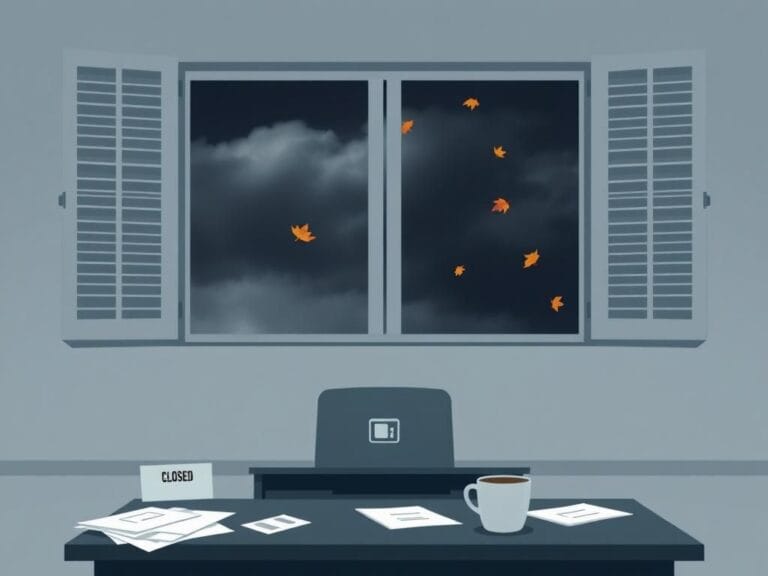 Flick International A stark government office building with closed shutters and an empty desk, symbolizing the impacts of a government shutdown.