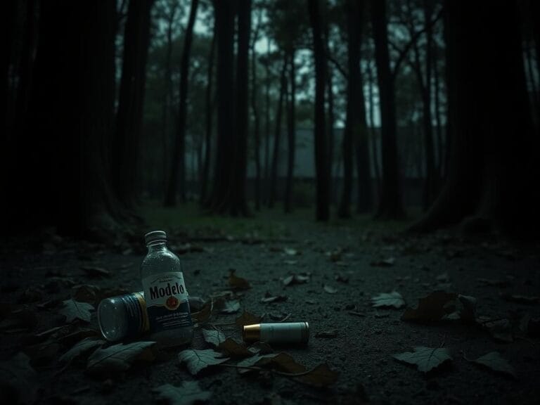 Flick International Secluded area in Texas woods with empty Modelo beer bottles and a spent cartridge case