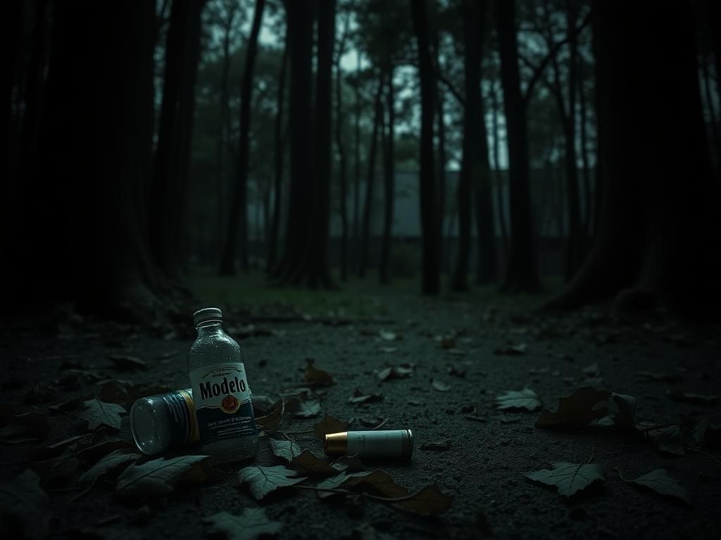 Flick International Secluded area in Texas woods with empty Modelo beer bottles and a spent cartridge case