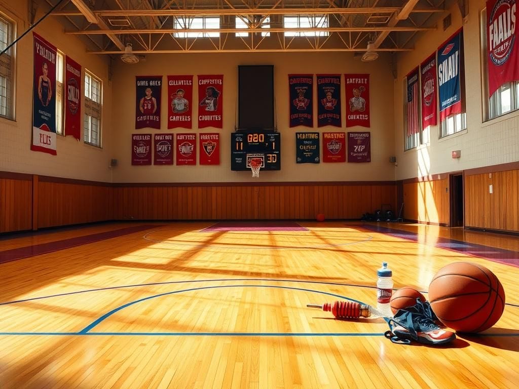 Flick International Empty basketball court showcasing colorful lines and vibrant team banners