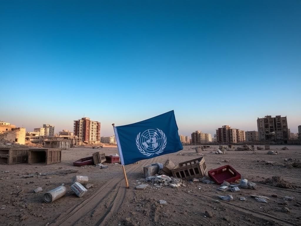 Flick International A broken UN flag lies in the dust amid the rubble of the Gaza Strip, highlighting the humanitarian crisis.