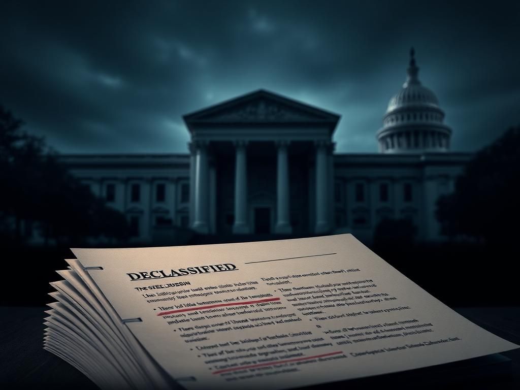 Flick International A large, imposing building representing the Department of Justice with a stack of classified documents in the foreground.