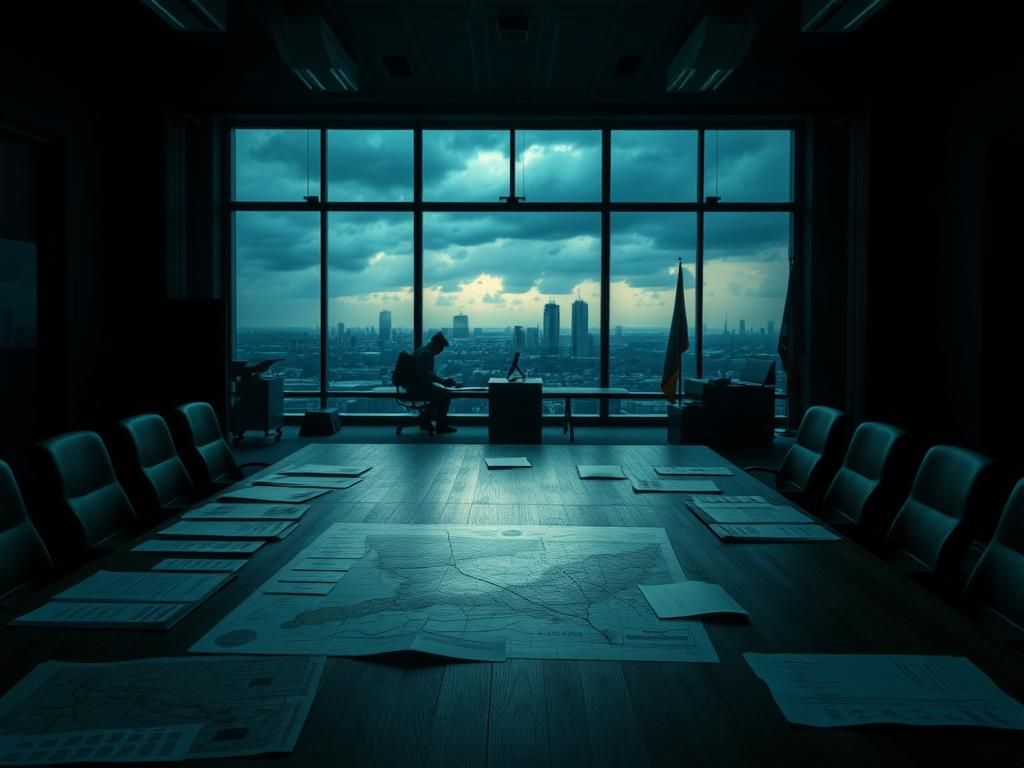 Flick International Empty military command center with maps and deployment orders