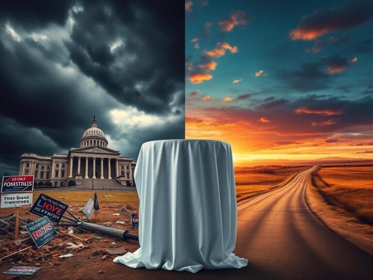 Flick International Dramatic split landscape illustrating ideological divides in politics