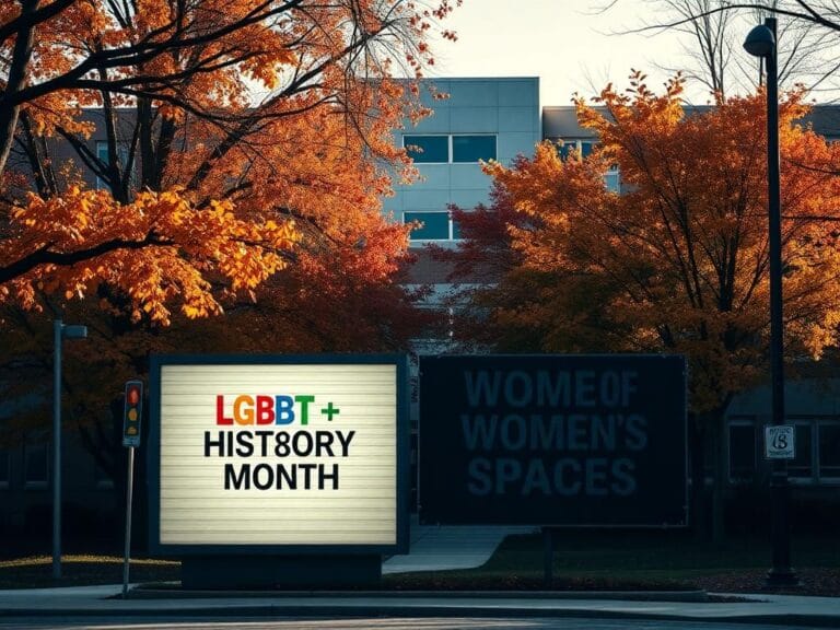 Flick International Tense scene of a public school entrance with autumn foliage, showcasing contrasting messages on inclusion and protection