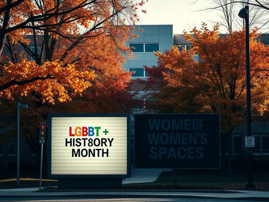Flick International Tense scene of a public school entrance with autumn foliage, showcasing contrasting messages on inclusion and protection