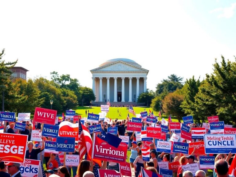Flick International Political rally scene in Charlottesville, Virginia, with banners and signs on the University of Virginia campus