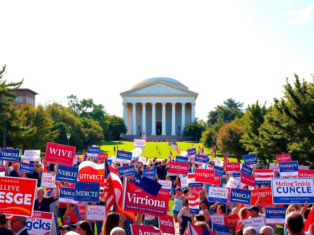 Flick International Political rally scene in Charlottesville, Virginia, with banners and signs on the University of Virginia campus
