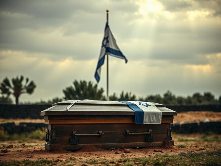 Flick International Somber military ceremony with two closed wooden coffins adorned with Israeli flags under a muted sky