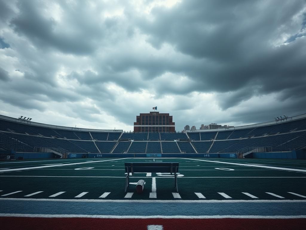 Flick International Empty North Carolina Tar Heels football field under a cloudy sky representing uncertainty in the season