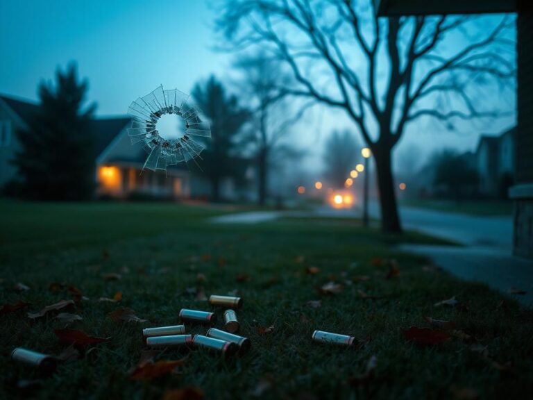 Flick International Close-up of a suburban home with a shattered window and bullet hole, reflecting the impact of crime in a peaceful neighborhood.