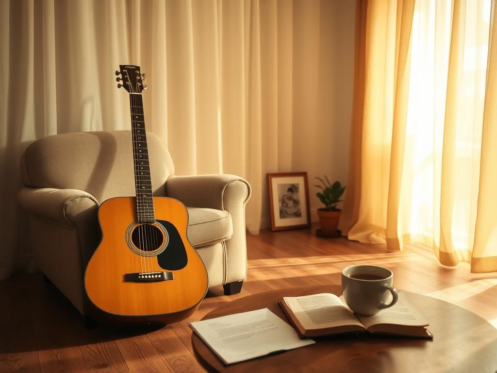 Flick International A serene room with golden light, acoustic guitar, and journal symbolizing Jessica Simpson's return to music after personal upheaval.