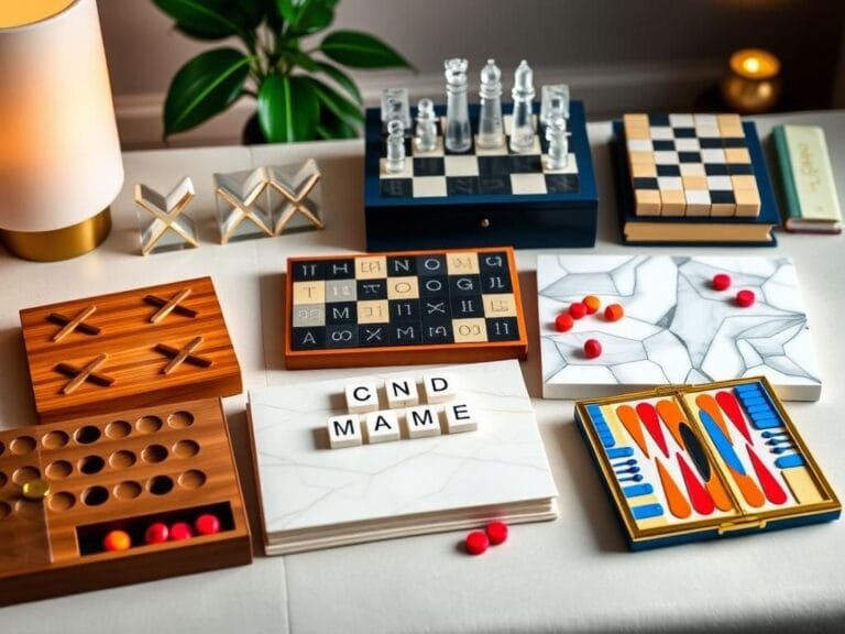 Flick International A beautifully arranged flat lay showcasing decorative board games including tic-tac-toe, chess, checkers, scrabble, Connect Four, and backgammon