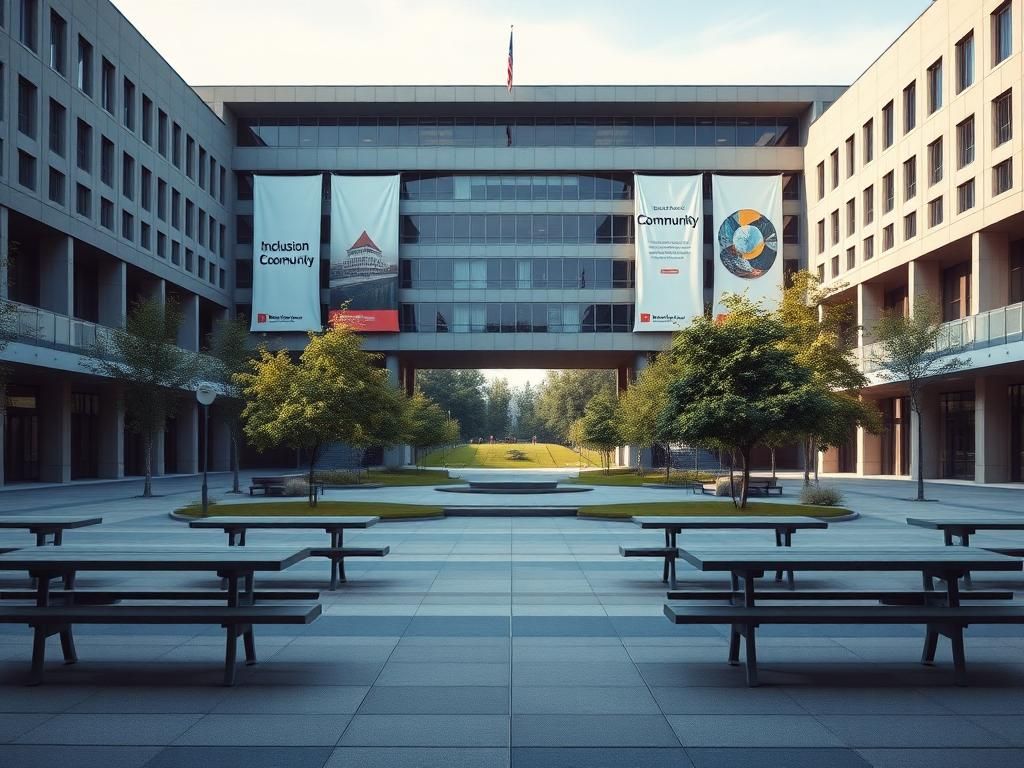 Flick International Empty university campus with modern building and banners promoting inclusion and community