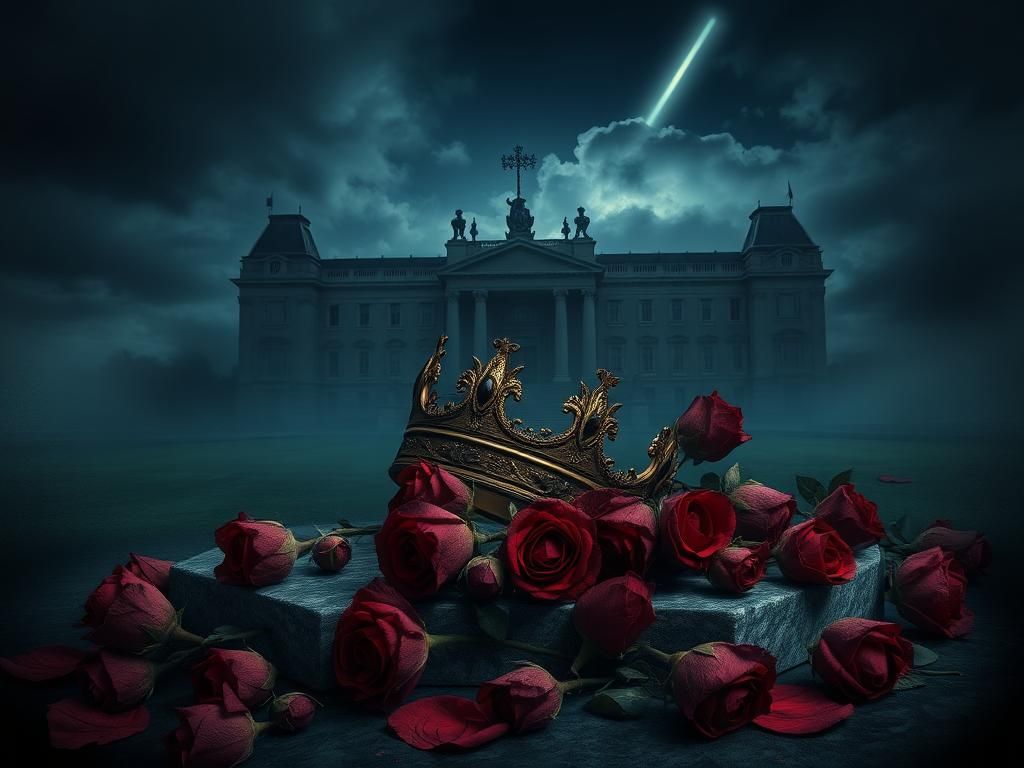 Flick International A somber image of a weathered crown on a dark stone pedestal surrounded by wilted roses