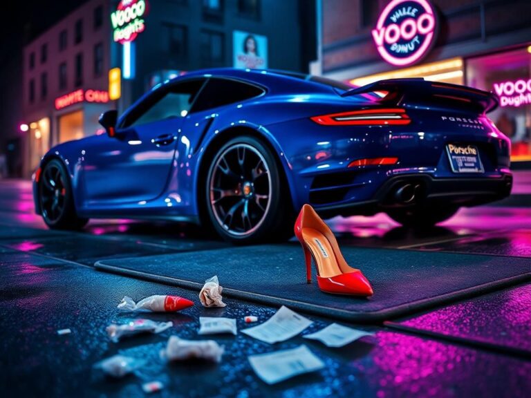 Flick International Blue Porsche parked on dark street with Christian Louboutin heels on the floor mat.