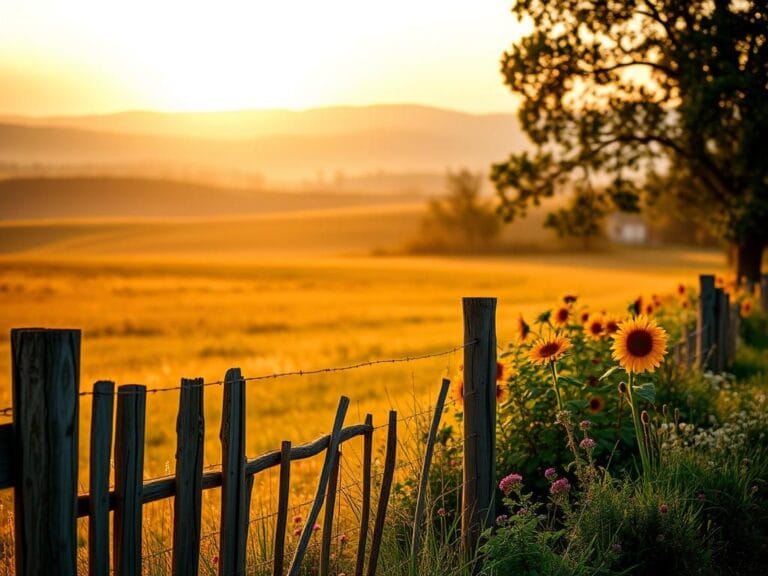 Flick International A tranquil rural landscape at dawn showcasing a serene field and vibrant flower garden