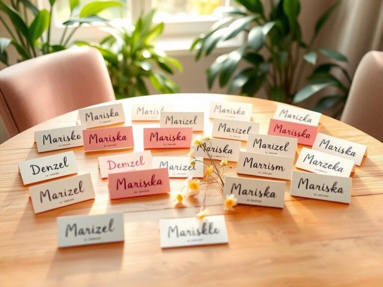 Flick International A whimsical collection of name tags on a wooden table showcasing mispronunciations of the name Mariska