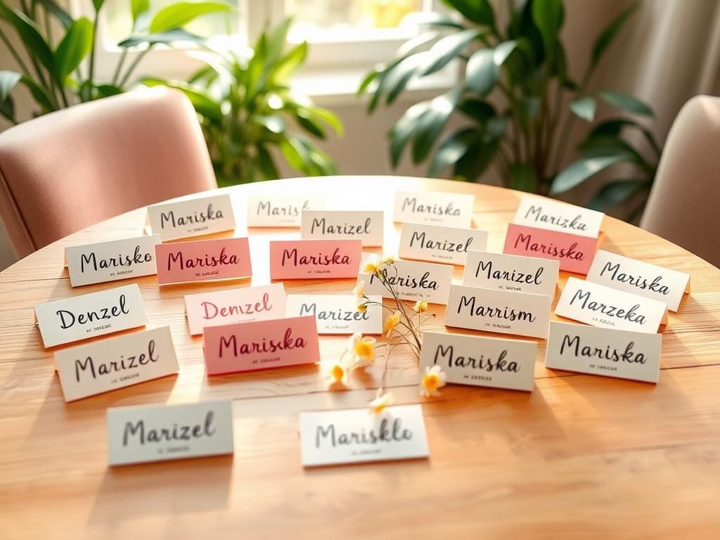Flick International A whimsical collection of name tags on a wooden table showcasing mispronunciations of the name Mariska