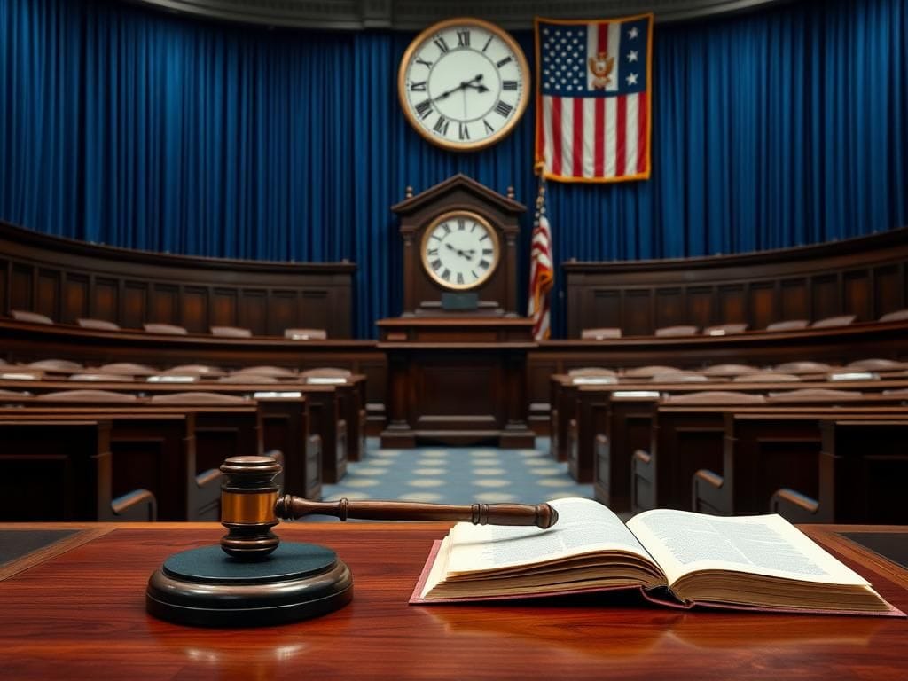 Flick International A solemn legislative chamber with deserted benches and an empty podium, symbolizing a standoff in Congress