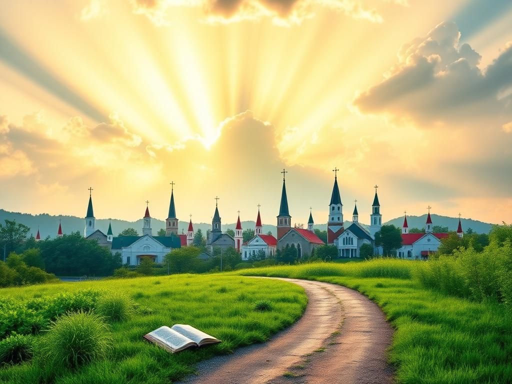 Flick International A vibrant landscape featuring church steeples and sunlight representing growth and faith