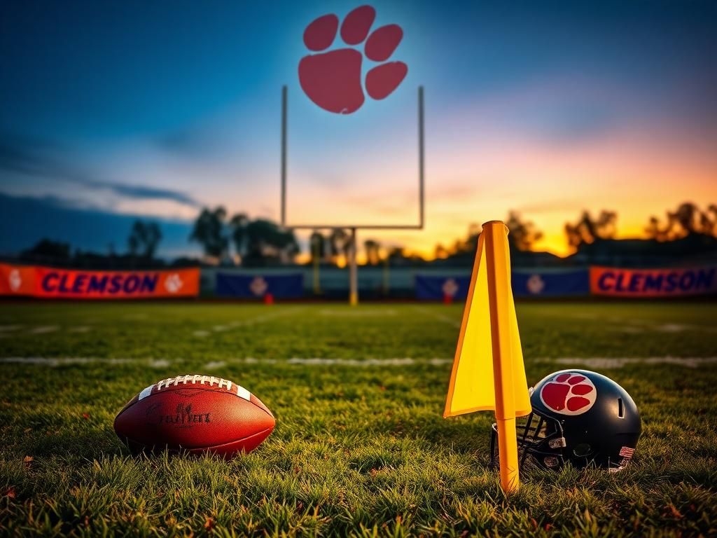 Flick International A dramatic scene on a Clemson football field at sunset, featuring a worn football and broken helmet.