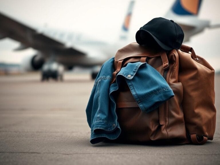 Flick International Close-up of a weathered brown leather backpack on an airport runway