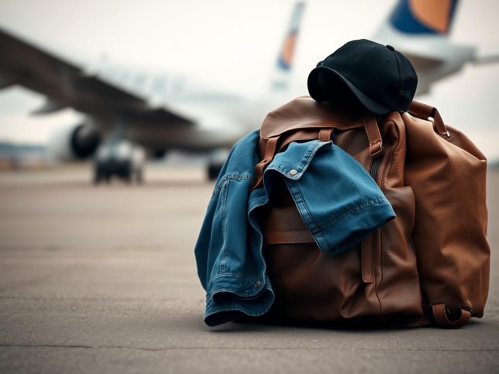 Flick International Close-up of a weathered brown leather backpack on an airport runway