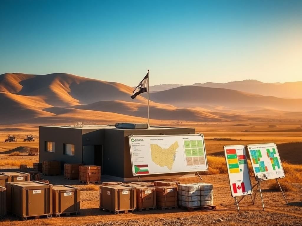 Flick International Modern military coordination center in southern Israel with humanitarian aid supplies