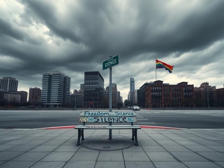 Flick International empty park bench covered in graffiti representing free speech and censorship in a modern city