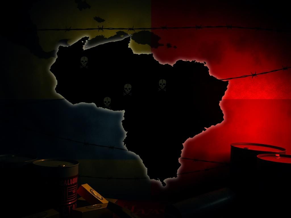 Flick International A dark, stylized map of Venezuela depicting drug trafficking and terrorism symbols