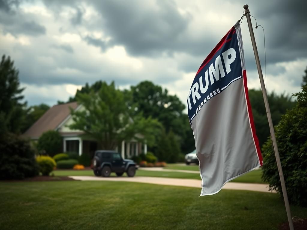 Flick International North Carolina suburban scene with a torn Trump banner in a front yard