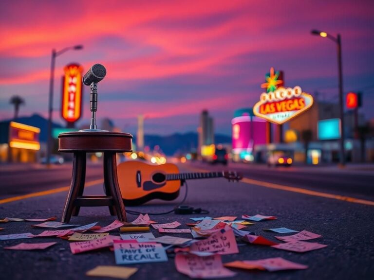 Flick International Vintage microphone and guitar on a stool in a deserted Las Vegas street at sunset