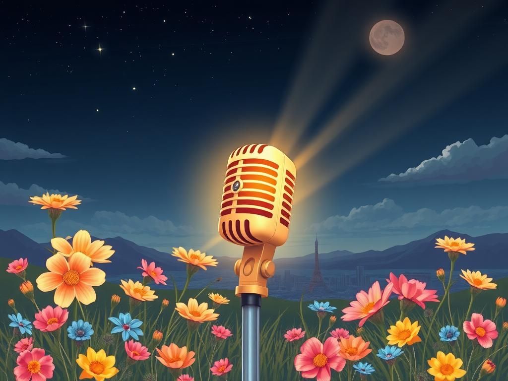 Flick International A vibrant illustration of a vintage microphone surrounded by blooming wildflowers against a dusky Las Vegas skyline.