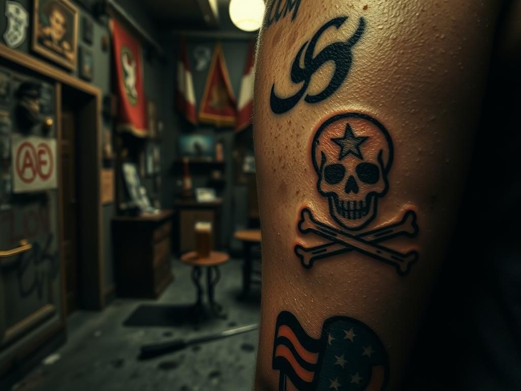 Flick International Close-up of a weathered military tattoo resembling a skull and crossbones, against a dimly lit tattoo parlor backdrop
