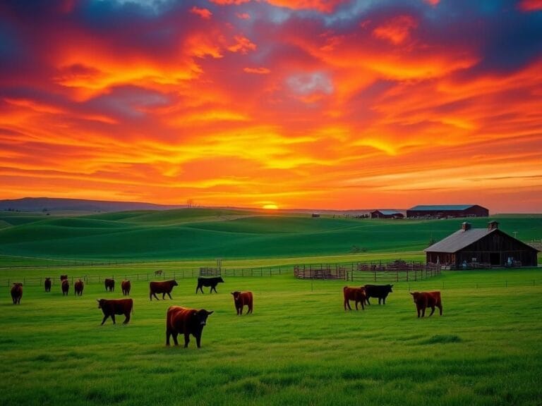 Flick International Sprawling American cattle ranch under a vibrant sunset with grazing cattle
