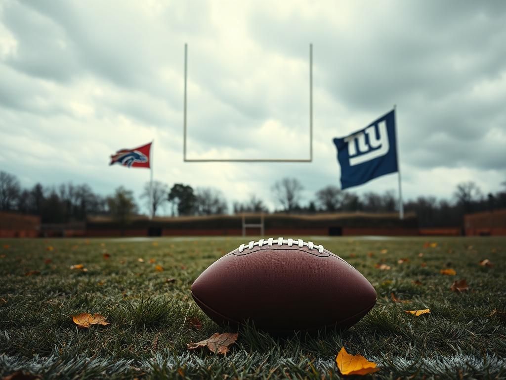 Flick International Dramatic football field scene under a cloudy sky with a football and goal post