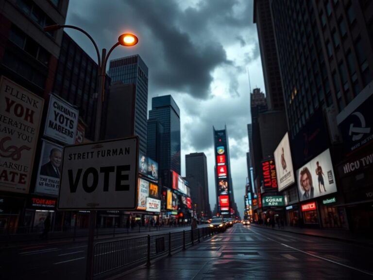 Flick International Dramatic view of Times Square in New York City with empty streets and overcast skies