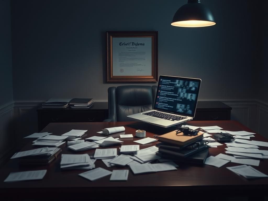 Flick International Somber office setting with a cluttered desk and overturned chair, symbolizing a hasty departure amidst controversy.