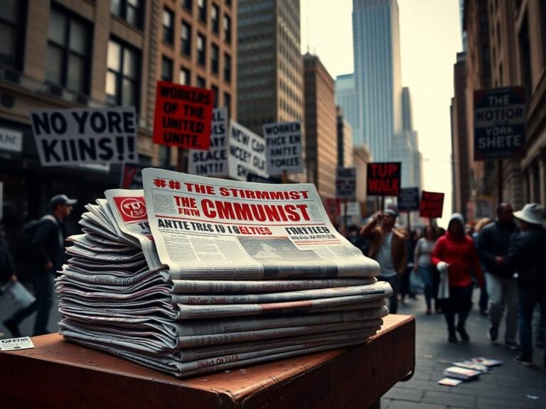 Flick International A collection of multicolored newspapers titled 'The Communist' stacked on a rustic wooden table in New York City.