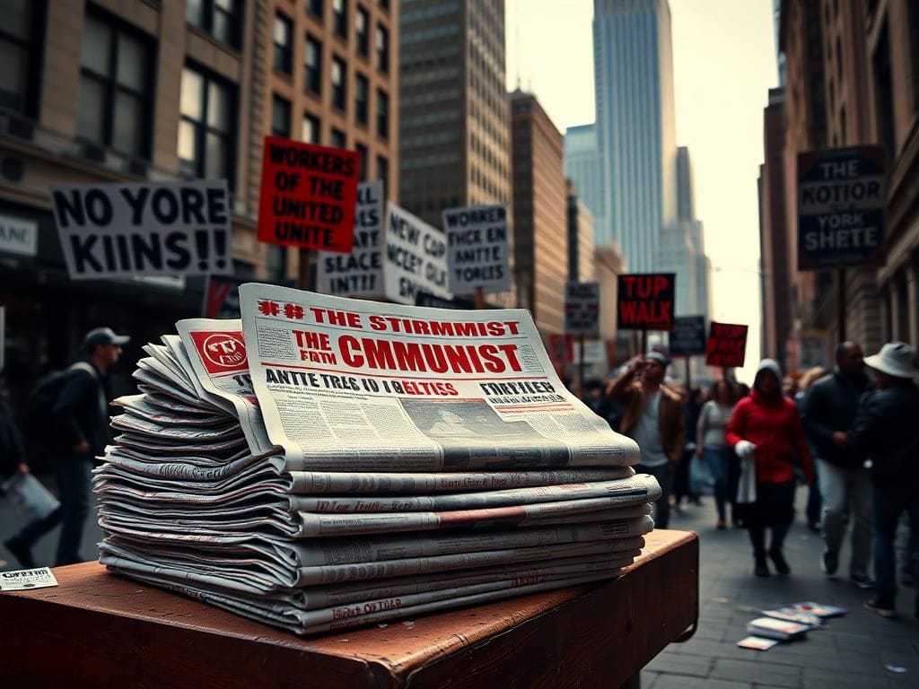 Flick International A collection of multicolored newspapers titled 'The Communist' stacked on a rustic wooden table in New York City.