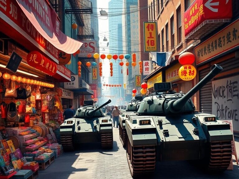 Flick International A vibrant street scene in NYC's Chinatown with vendors and law enforcement