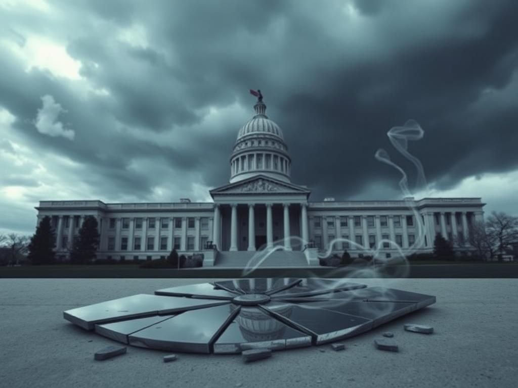 Flick International Dark stormy sky over an imposing government building with a shattered mirror reflecting chaos