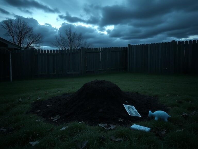 Flick International A somber backyard scene with a freshly turned mound of soil indicating a recent burial.