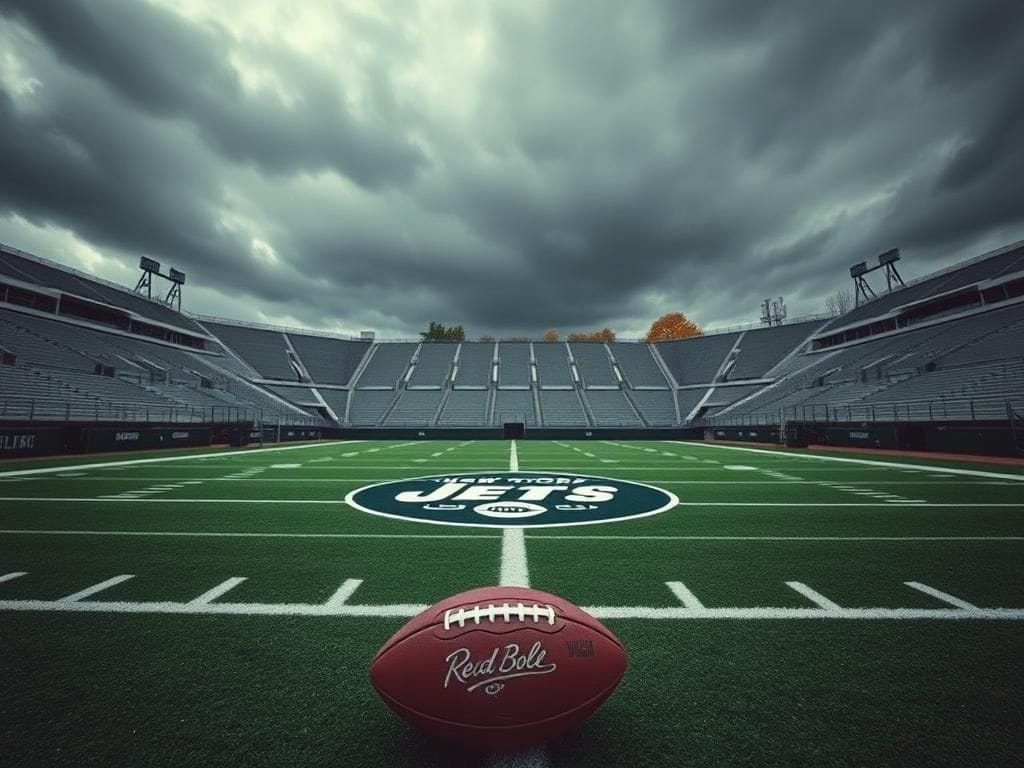 Flick International Empty football field under overcast sky symbolizing the New York Jets' winless season