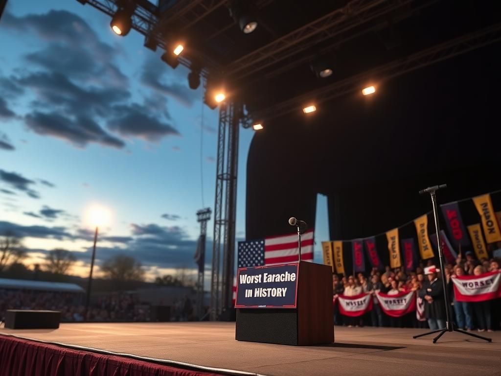 Flick International Empty campaign rally stage in Butler, Pennsylvania, with an American flag and humorous sign
