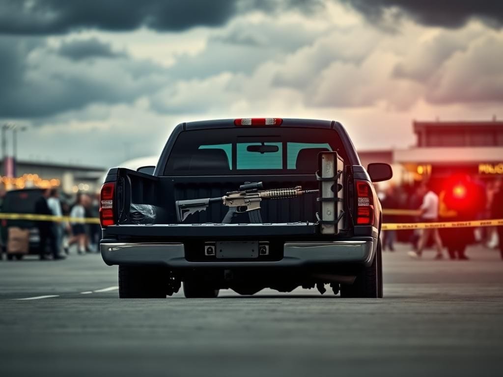 Flick International Parked Chevrolet flatbed truck with AR-15 rifle in back seat at Atlanta airport