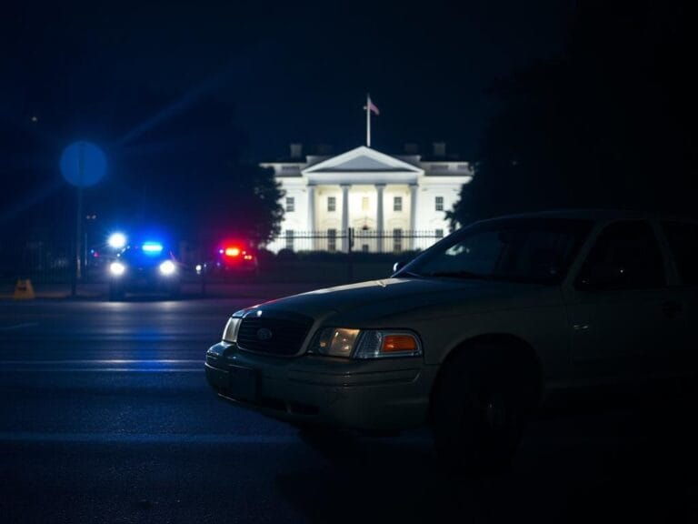 Flick International Nighttime view of White House barricade with a vehicle showing signs of impact