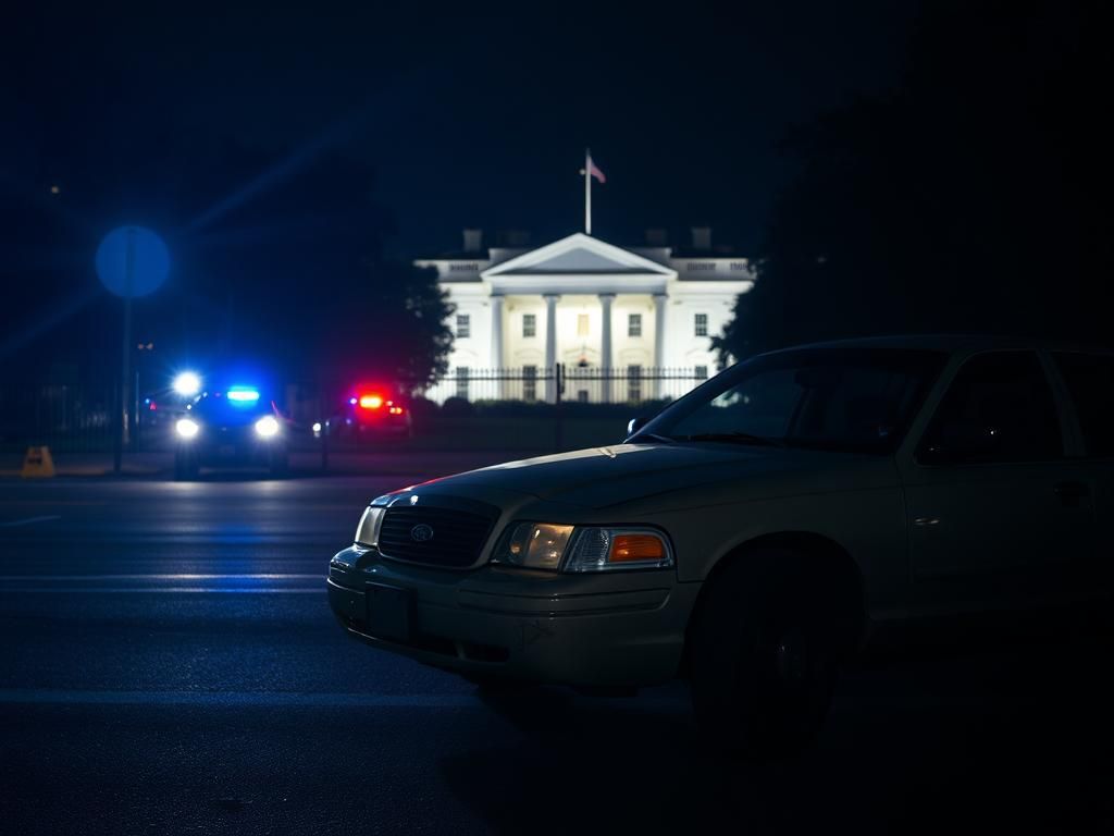 Flick International Nighttime view of White House barricade with a vehicle showing signs of impact