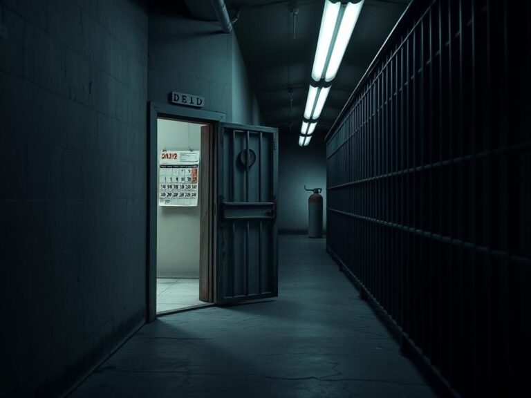 Flick International Dimly lit prison corridor showcasing death row with solitary cell door